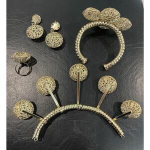 GOLD COLORED EARRINGS HEADWEAR BRACELET COSTUME JEWELRY HEAD FILIGREE BALL